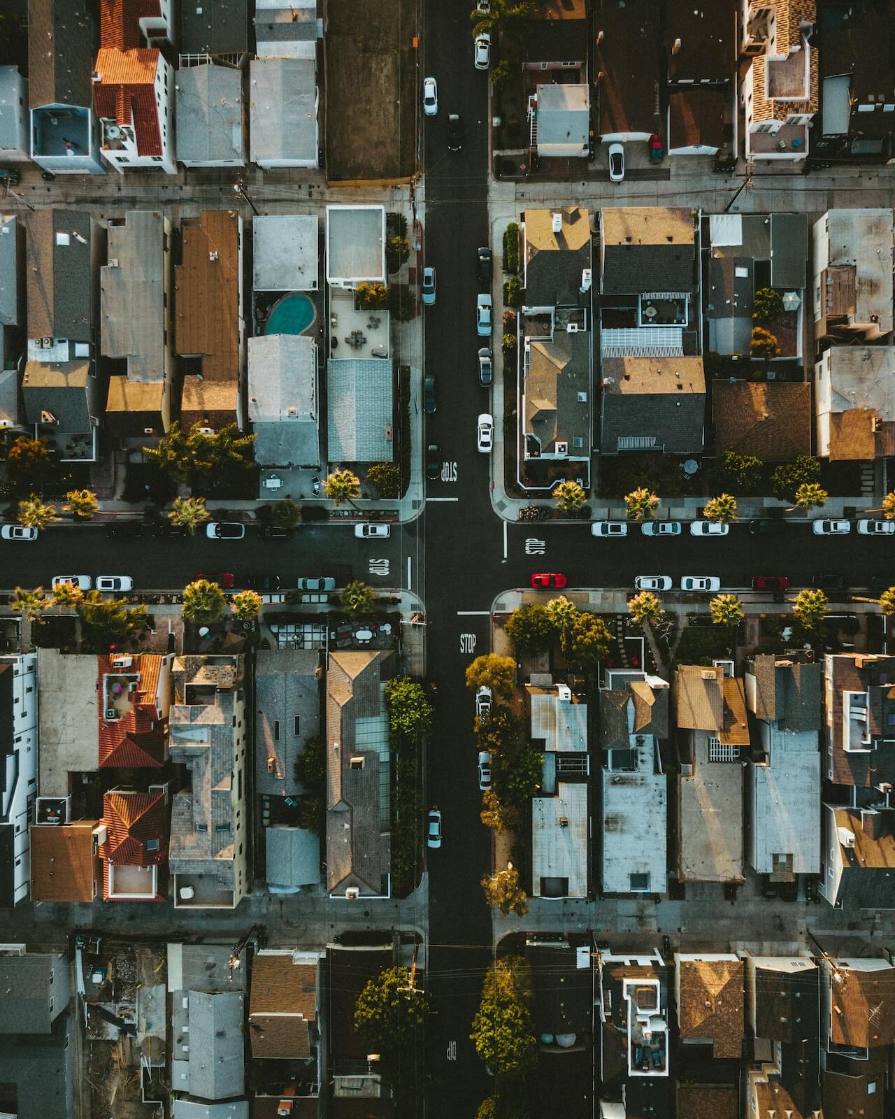 An overhead view of a gentrified neighborhood.