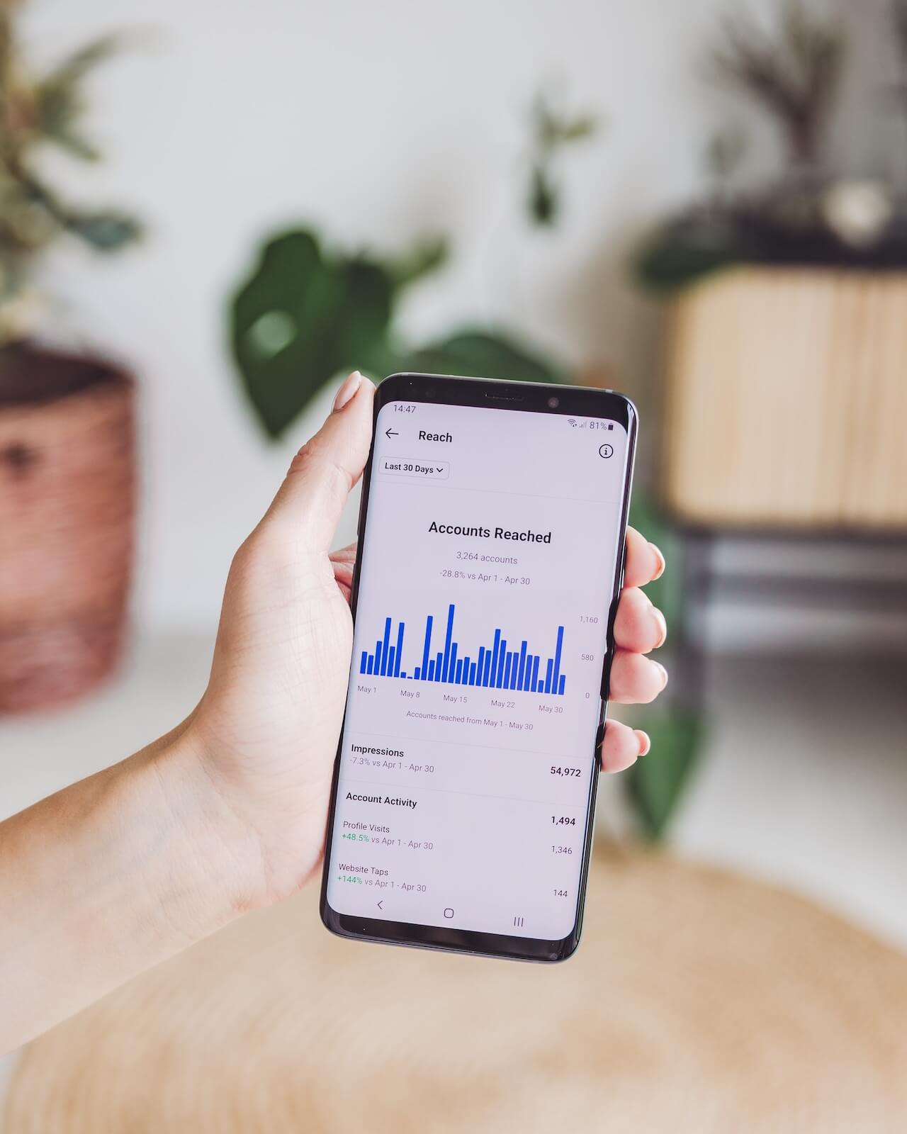 An individual holding their smartphone displaying a bar chart of social media statistics.