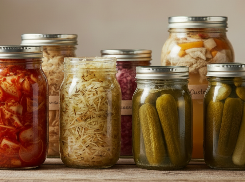 Colorful jars with fermented foods