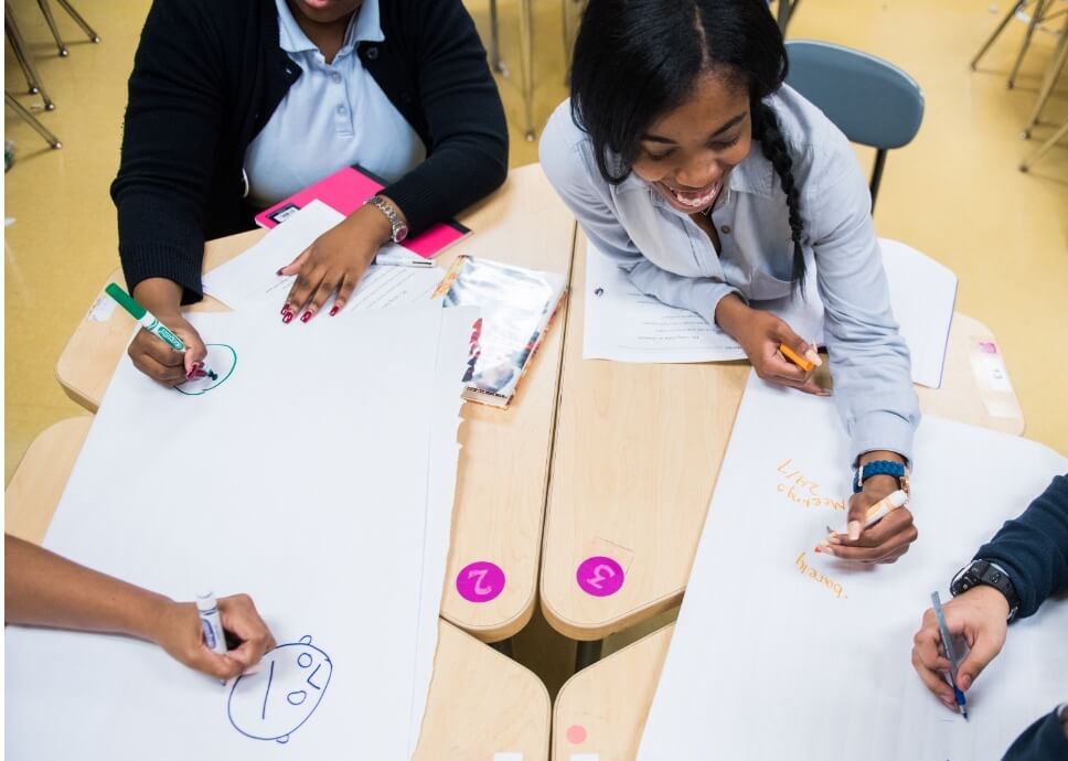 Overhead view of four students working a project at their desks